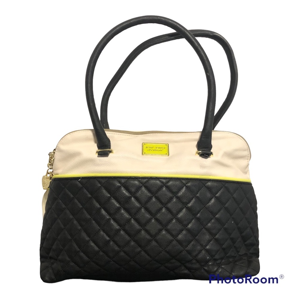 Betsey Johnson NY NY Handbag Tote Purse Black Quilted Ivory Green Stripe 16"